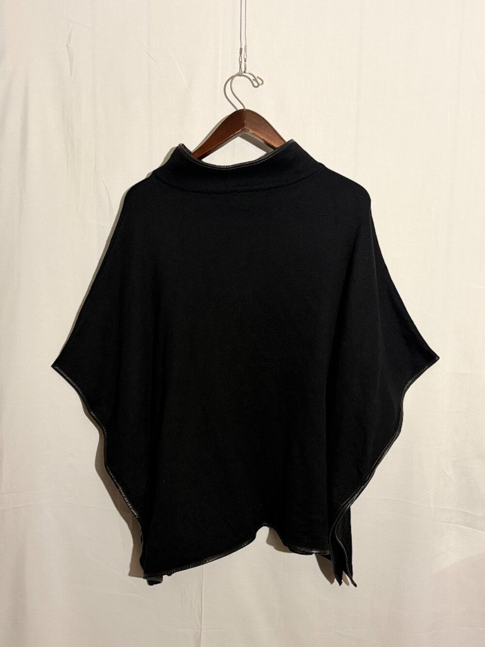 J Crew Factory Black Cotton Poncho One Size Faux Leather Trim Mock Neck